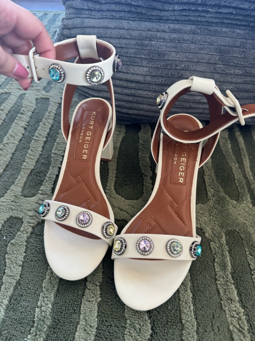 Kurt Geiger White Jeweled Ankle-Strap Block Heels